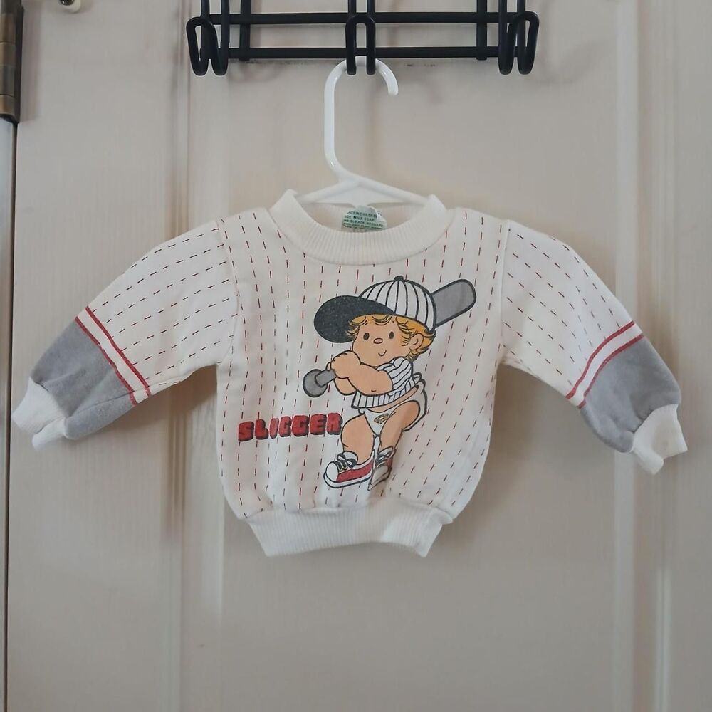 Rare Vintage 80s Confetti Knits Baseball "Slugger" Baby Sweater 0-6 M Stripes